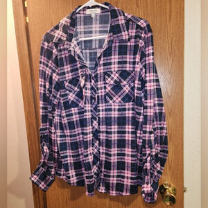 Urban Girl 1X Pink and Purple Plaid Button Up Long Sleeve Blouse